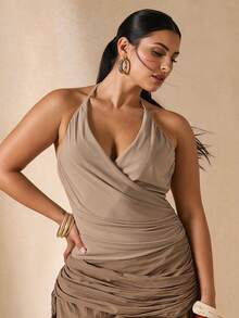 SHEIN BAE CURVE Women's Plus Size Brown Summer Halter Neck Ruched Top Classy Elegant Night Wrap Design Sleeveless Solid Color Deep V Neck Mini Dress Lingerie - Camel - View 7