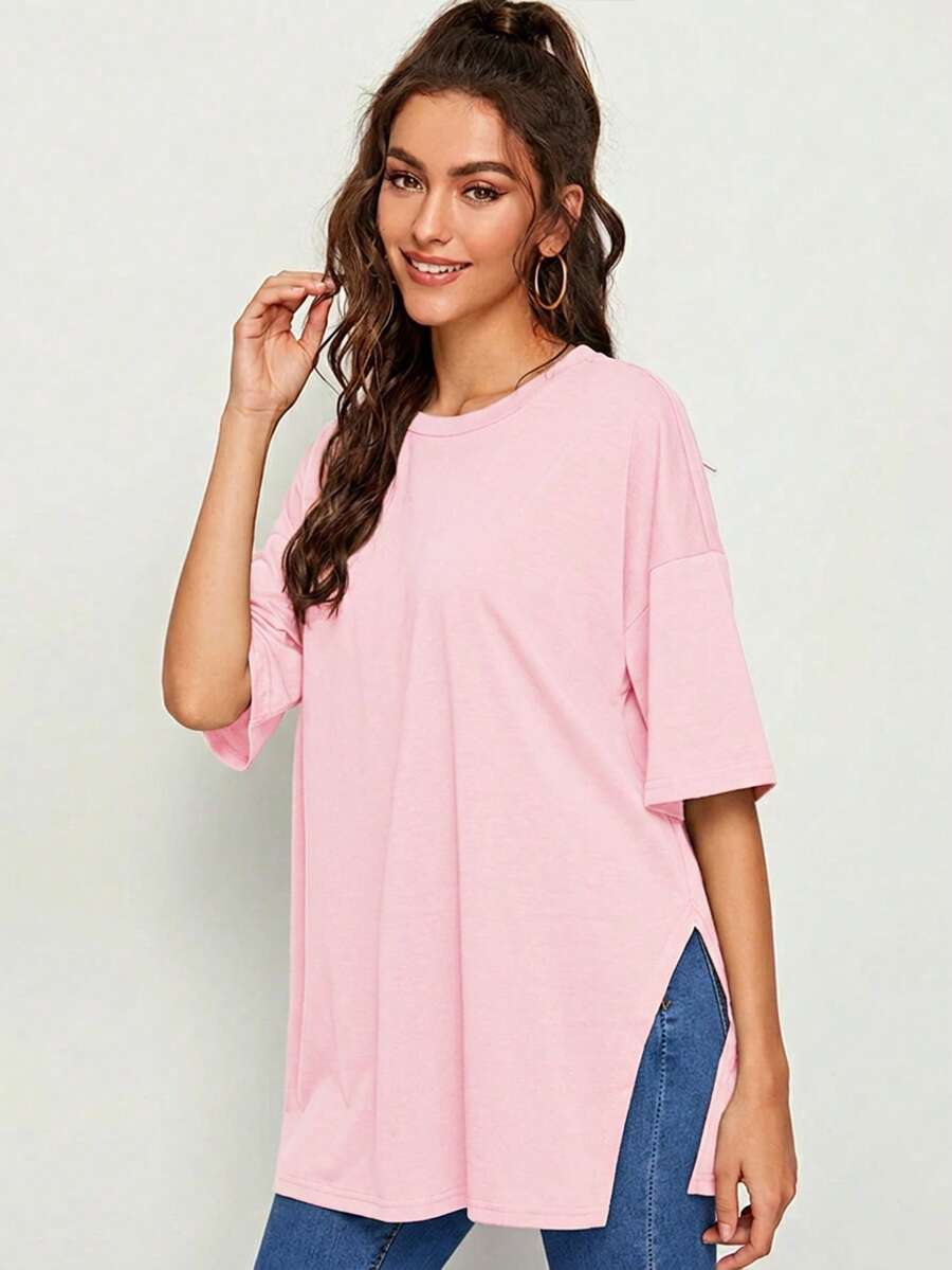 SHEIN Essnce 女士纯色圆领落肩宽松休闲百搭T恤 - 淺粉色 - 查看 1