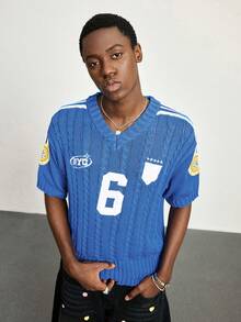 ROMWE MEN Prep World Cup Men's Numeric Embroidery Short Sleeve Knit Top - Blue - View 4