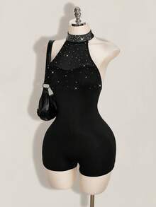 SHEIN ICON Women's Rhinestone Decor Halter Neck Romper Unitard - Black - View 4