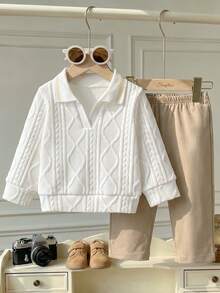 Souflis Souflis 1 Stück Baby Jungen Set, Kinder gestrickter bequemer Langarm Poloshirt 2 in 1 Sweatshirt, modisches Brustprint Nischendesign Top kombiniert mit khakifarbener lässiger Hose mit elastischem Bund, geeignet für Herbstanlässe wie Urlaub und Alltagstragen - Verschiedenfarbig - Übersicht 3