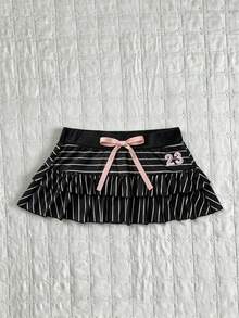 Flirla Women's Summer Striped Casual Skirt, Ruffled Hem A-Line Skirt - Black - View 5