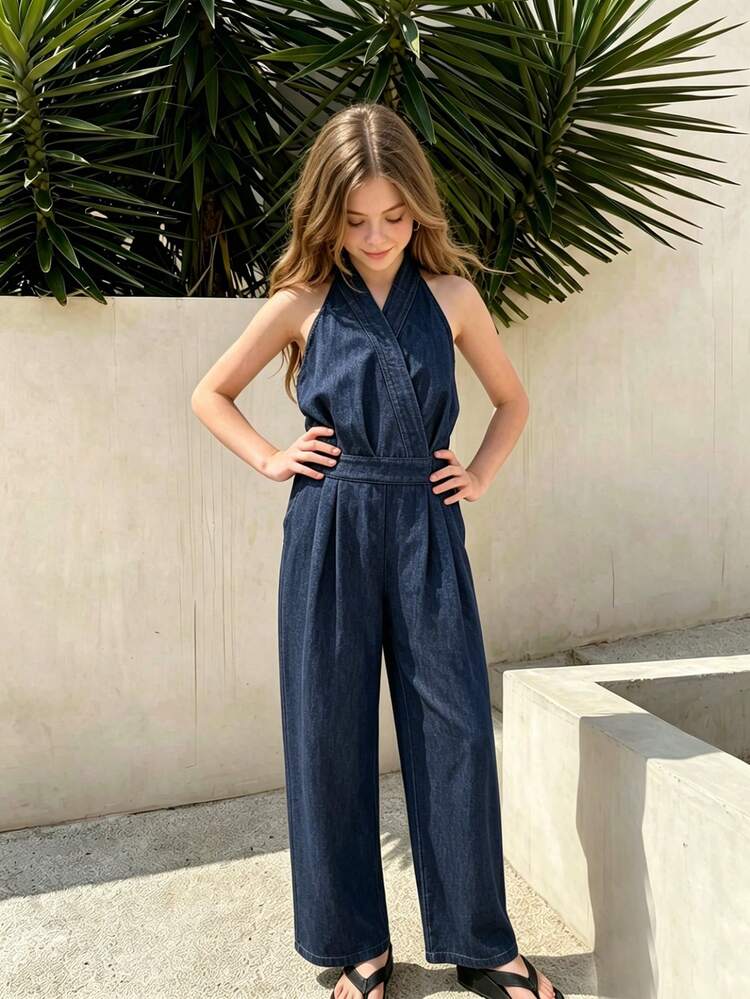 Tie-Neck Sleeveless Straight Leg Casual Jumpsuit For Big Girls