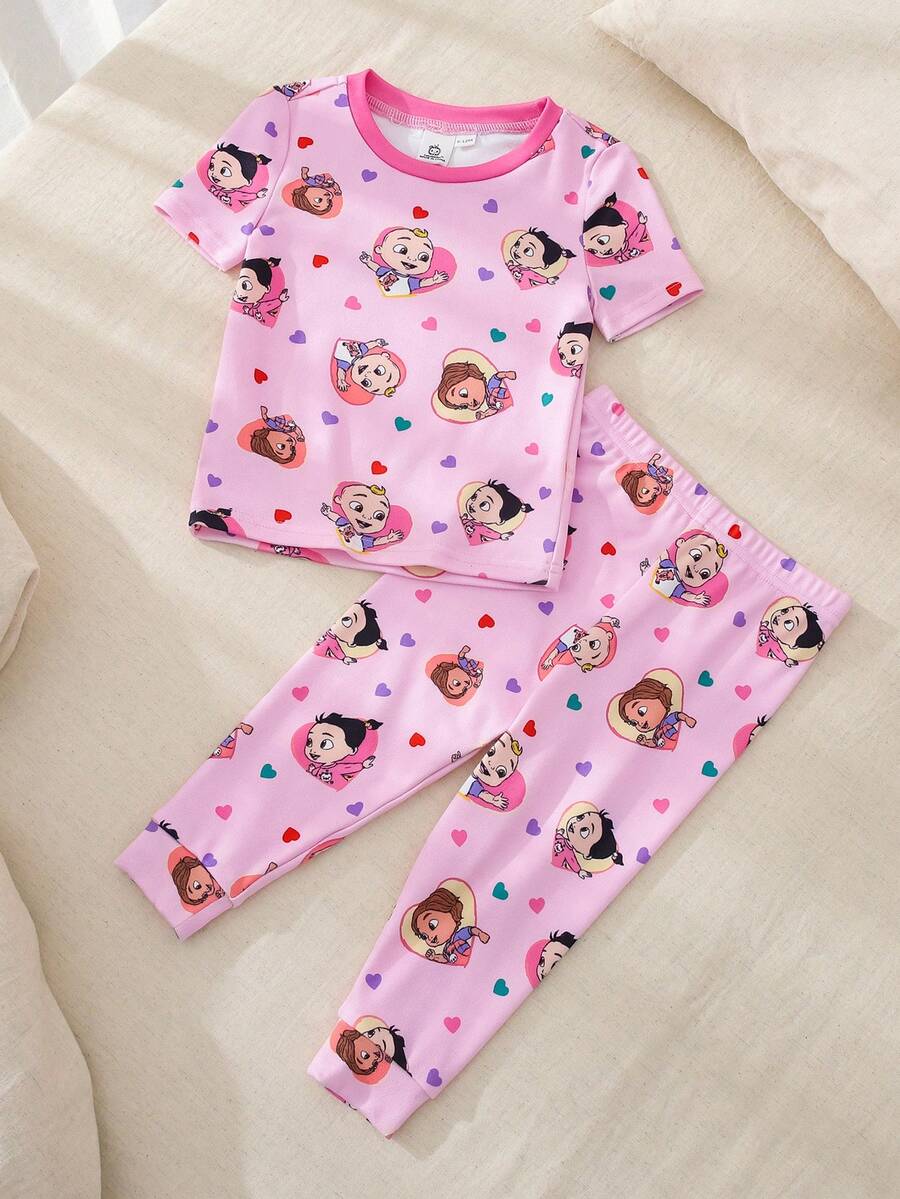 CoComelon X SHEIN Baby Girl Cartoon Print Round Neck Short Sleeve Top And Leggings Pajama Set - Multicolor - View 1