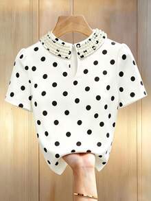 SHEIN Women's Pearl Peter Collar Short Sleeve T-Shirt Office Tea Party White And Black Polka Dot Summer Vintage Elegant - White - View 2
