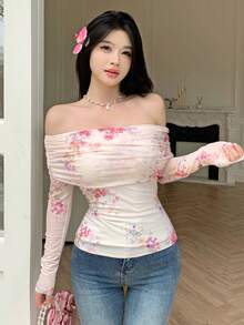 Modelyn 杏色网纱印花露肩荷叶边长袖优雅夏季度假T恤 - 杏色 - 查看 4