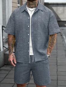 Manfinity CasualCool 男士休閒梭織紋理襯衫 - 藍色 - 查看 6
