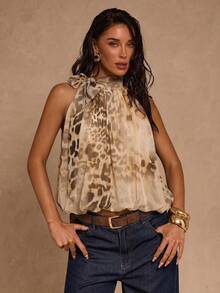 SHEIN Glamour Women's Leopard Print Twist Pleated Sleeveless Blouse, Elegant For Spring And Summer Summer Tops Summer Outfit For Women Summer Holiday Outfits - Apricot - View 1