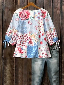 EMERY ROSE Floral Polka Dot Pattern Casual Round Neck 3/4 Sleeve Woven Shirt Fall - Multicolor - View 2