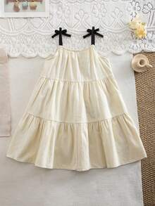 SHEIN Elladie kids 少女简约时尚3D花卉装饰波浪条纹撞色滚边吊带连衣裙，休闲夏季装扮 - 彩色 - 查看 3
