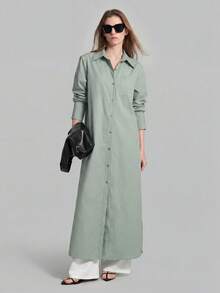 Ontre 2026SS 新款鼠尾草綠女款休閒寬鬆鈕扣襯衫，時尚秋季辦公穿搭，長袖度假海灘生日派對教師款 - 綠色 - 查看 12