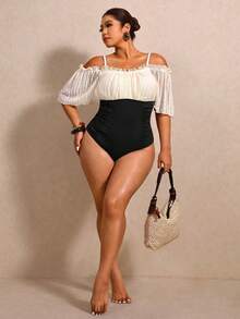Elaquor Traje de baño de una pieza con bloques de color, encaje y hombros descubiertos para tallas grandes - Negro - Ver 4