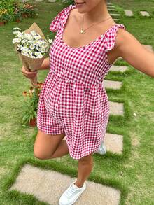 SHEIN Maternity Loose Fit Plaid Sleeveless Jumpsuit With Ruffle Hem, Summer Beach Outfits Casual Outfits - Red and White - View 8