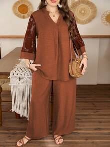 Lacomfia Plus Size Women Summer Brown Textured Fuzzy Sleeve Patchwork Lace 3/4 Sleeve Loose Top & Wide Leg Pants Set,Autumn Tropical Al-Adha Tea Party S - Orange - View 6