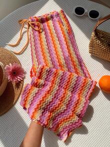 Comfortcana Women's Summer Knit Striped Pants - Red Orange - View 3