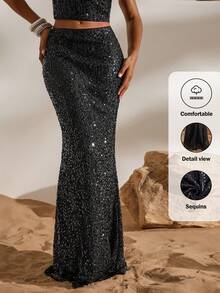 Opulessa Women's Sequin Mermaid Hem Skirt, Seductive Autumn Bohemian Ibiza , Western Style Summer Holiday, Beach Club Vacation - Black - View 9