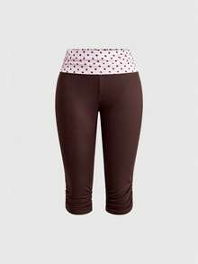ROMWE Avant Y2K Style Sicilian Holiday Vintage Polka Dot Patchwork Ruched Skinny Women 3/4 Pants - Brown - View 5