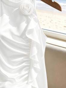 GlowEve CURVE Plus Size Women Solid Color 3D Floral Decor Pleated Halter Blouse Party Vacation Wedding Guest All White Summer - White - View 5