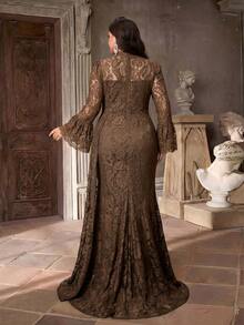 Aureia Plus Size Elegant Luxurious Romantic Brown Collar Flared Sleeve Ruched Mermaid Hem Patchwork Trailing Formal Dress, Suitable For Evening Party, Singles Party, Date, Ball, Vacation, Wedding - Coffee Brown - View 2