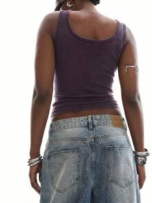 LYSMO Áo hai dây và áo tank top dáng ôm, quai dày, trang trí đinh tán, size lớn - Màu tím - Xem 2