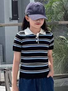 Dazy Kids 青少年女孩夏季休閒條紋POLO領短袖針織上衣 - 藏蓝色 - 查看 4