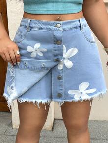 Rivivi Große Größen Denim Shorts mit Blume Muster, Knöpfen und ausgefranstem Saum - Helle Waschung - Übersicht 1