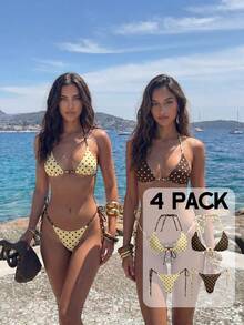 Aloruh Đồ bơi nữ, bộ bikini hai mảnh gợi cảm thanh lịch lãng mạn phong cách vintage họa tiết chấm bi tương phản rừng nhiệt đới, áo cổ yếm dây buộc cúp tam giác mini + quần bikini buộc dây bên hông mini, cho kỳ nghỉ xuân/hè - Nhiều màu - Xem 2