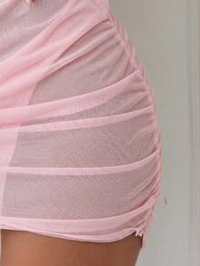 Swim Chiccia Vacation Beach Solid Color Sheer Mesh Cover-Up & Skirt Set - Pink - View 5