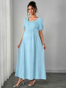 Momance Asymmetric Shoulder Ruched Waist A-Line Elegant Romantic Maternity Dress, Comfortable - Baby Blue - View 5
