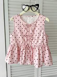 SHEIN Tween-Mädchen Lässig Alltags Urlaubs Rosa Braun Polka Punkte Bedrucktes Crop Top mit Schleife, Rosa Elegantes Top, Sommer Tops, Sommer Bluse - Pink - Übersicht 3