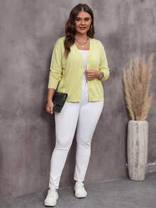 EMERY ROSE Plus Size Women V-Neck Single-Breasted Casual Solid Color Long Sleeve Cardigan - Light Yellow - View 3