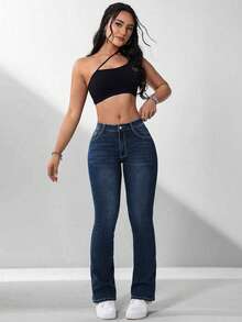 SHEIN ICON Plus Size Women Street-Style Vintage Dark Blue Elastic Jeans - Dark Wash - View 6