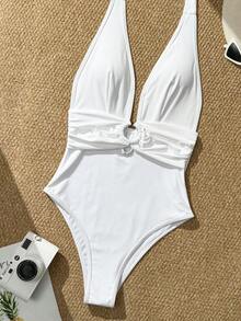Costavie 女款素色美拉德風一件式泳衣，修身高衩設計，性感海灘度假穿搭 - 白色 - 查看 5