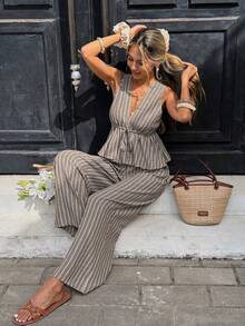 Serisse Women's Striped Deep V-Neck Top And Pants Casual 2 Pieces Set - Mocha Brown - View 6