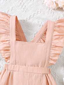 SHEIN Young Girl Cotton Linen Ruffle Collar Jumpsuit, Spring/Summer - Pink - View 3