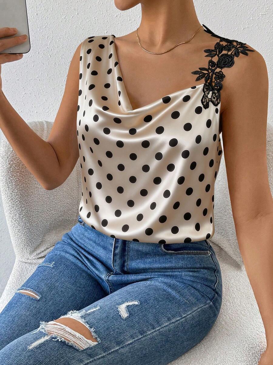 RiviMae Elegante romantische ärmellose Bluse mit beige Muster und Neckholder, für Sommer Dinner Date Night