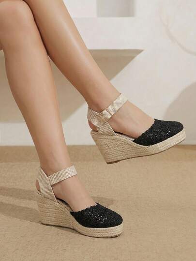 Styleloop Women's Hemp Rope Straw Woven Wedge Heel Black Woven Ankle Strap Women's Wedge Heel Shoes Sandals Hemp Rope Shoes Boho Style Is Suitable For Going Out On Vacation Daily Dating Beach Seaside Travel Casual Style With Women's Shoes