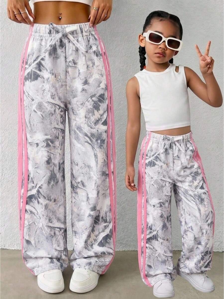 Young Girl/Young Girls Grey Leaf Print Patchwork Pink Waistband Knit Sweatpants, Autumn Clothing - Grey - View 1