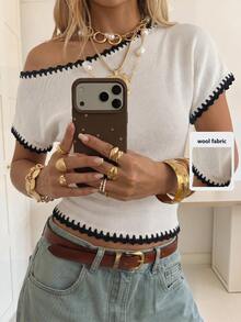 SHEIN EZwear New Minimalist Vacation Shell Trim Contrast Color Casual Light Yellow Gray Asymmetric Collar Knit Top, Spring/Summer Outdoor Vacation Beach Style Top, Essential Spring/Summer Item - Multicolor - View 6