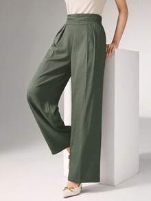 Heiryn Pleated High Waist Elegant Commuter Wide Leg Pants In Fall/Winter - Army Green - View 2