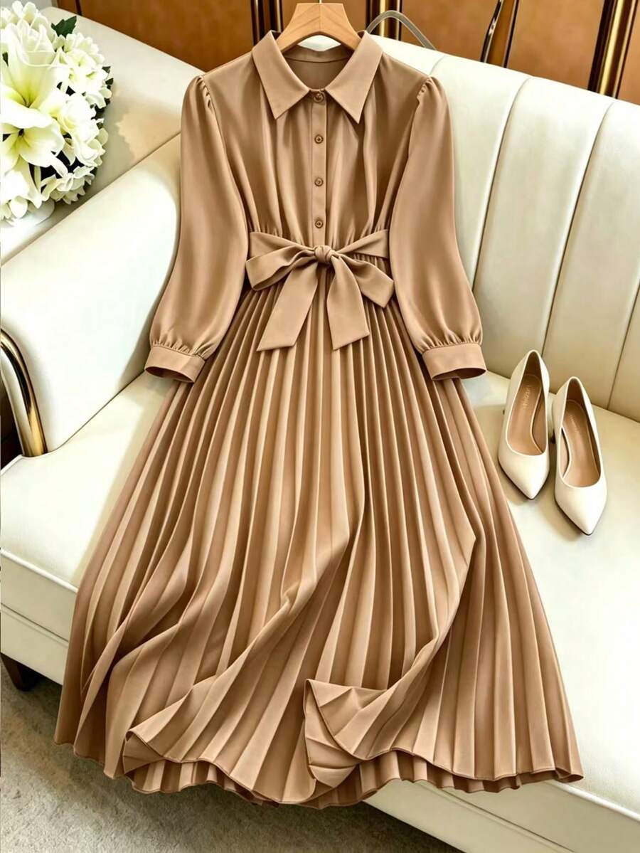 GlowEve 1pc Rivets Decorated Hem Pleated Commuter Dress For Women, Long Sleeve Maxi Women Outfit - Khaki - View 1