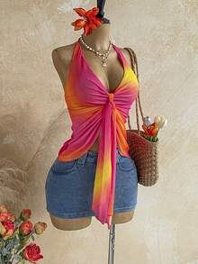 Soleia Top halter con tiras anudadas y degradado de puesta de sol romántico para mujer, vacaciones, festival de música vintage, fiesta, vacaciones tropicales, cita, té de la tarde, crucero de playa, viaje por carretera, vacaciones en la ciudad, festival de música, fiesta, bohemio, hippie, occidental, carnaval, Día de San Patricio - Rosa Fucsia - Ver 7