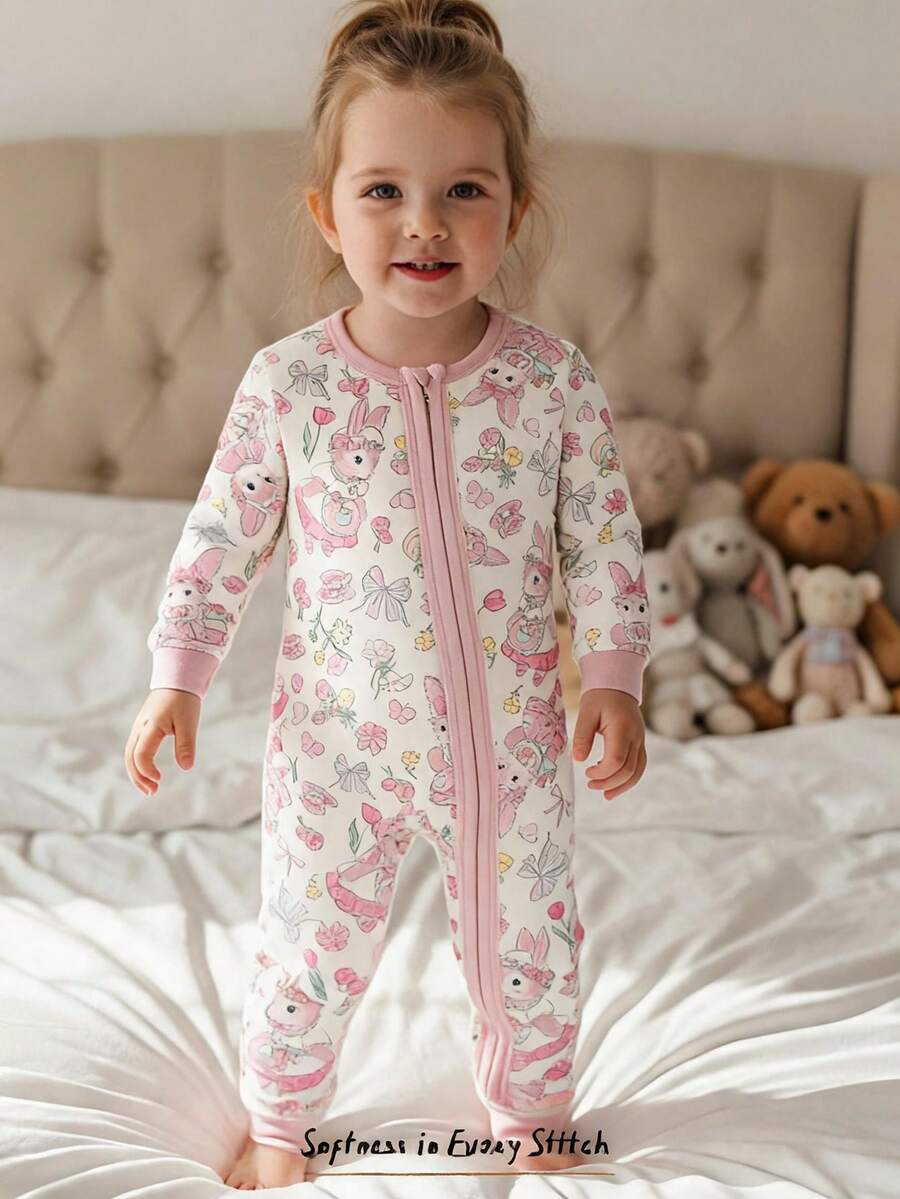 Cozy Pixies Baby Girl Cartoon Print Soft Knit Snug Fit Pajama Set, Long Sleeve Romper And Pants, Comfortable And Versatile - Multicolor - View 1