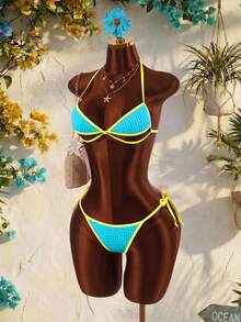 Amplova Women's Contrast Color Trim Swimwear Set, Tropical And Avant-Garde, Suitable For Holiday Wear Beach Vacation Blue Summer - Multicolor - View 6