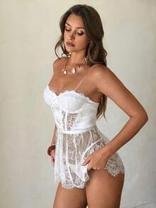Aloruh 2pcs Lace Patchwork Satin 1/2 Cup Underwire Transparent Strap Backless Sexy Nightgown Set, Date Night - White - View 4