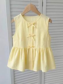 SHEIN 少女纹理蝴蝶结前襟衬衫，休闲日常度假装 - 黃色 - 查看 3