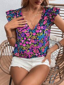 SHEIN Clasi Women's Floral Print V-Neck Flutter Sleeve Casual Vacation Blouse - Multicolor - View 4