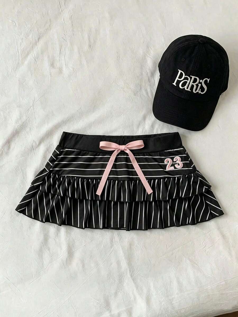 Flirla Women's Summer Striped Casual Skirt, Ruffled Hem A-Line Skirt - Black - View 1
