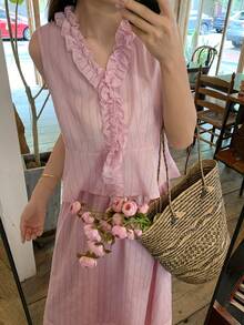 DAZY Women's Soft Pink Sleeveless Pleated Ruffle Hem Loose Skirt Casual Elegant Summer 2 Pieces Set Vacation School - Pink - View 3