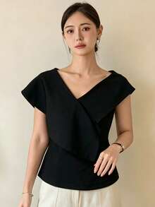 Dazy-Less Damen elegantes einfarbiges Hemd mit asymmetrischem Kragen und geraffter Taille, leicht, für Büro und Alltag, Frühling/Sommer - Schwarz - Übersicht 5